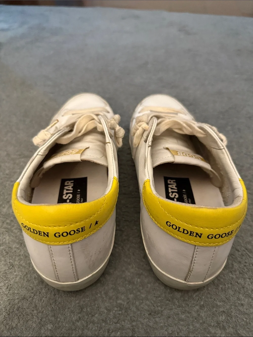 Golden Goose Super-Star Low Top White Sneakers with Yellow Heel Accent - Picture 3 of 5